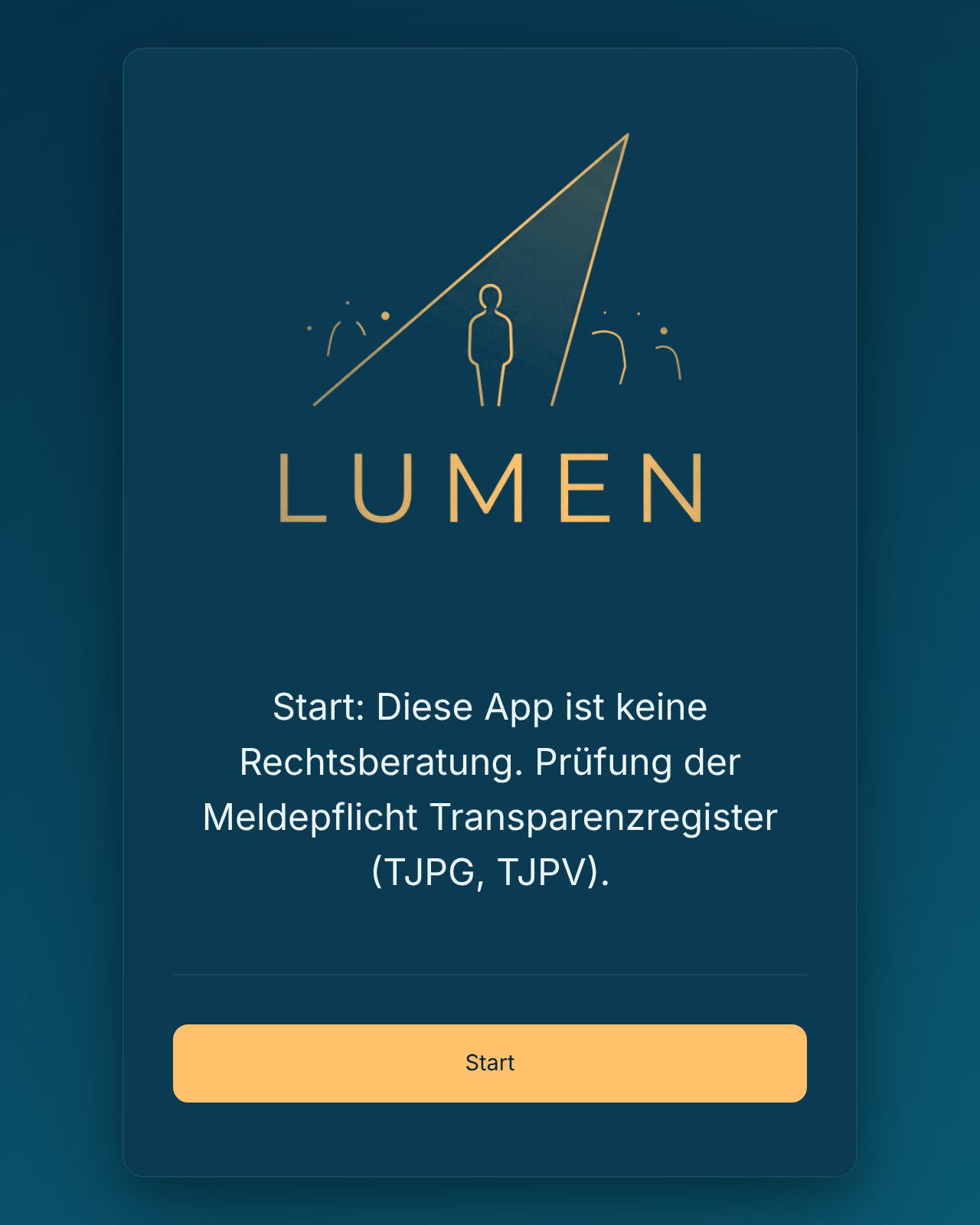 Lumen – Startbildschirm der App